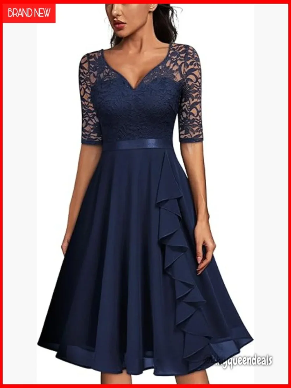 V-Neck Floral Lace Half Sleeve Bridesmaid Party Dress